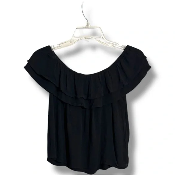 One Clothing Off The Shoulder Ruffled Neck and Sleeves Black Lightweight Top - Picture 15 of 16